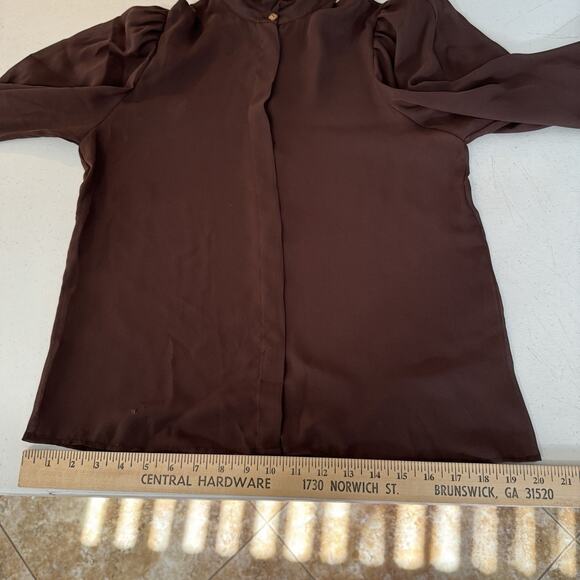 Vintage Augie Ruffle Neck Sheer Button Up Blouse S/M* Chocolate Brown Victorian - Picture 10 of 12